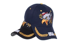 Close-up of eagle embroidery and USA text on navy and black cotton baseball caps