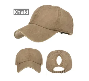 Three views of a khaki washed cotton ponytail baseball cap with adjustable strap