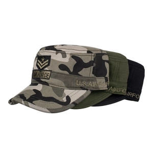 Flat top cadet army caps in camo, green and black with U.S. Air Force embroidery