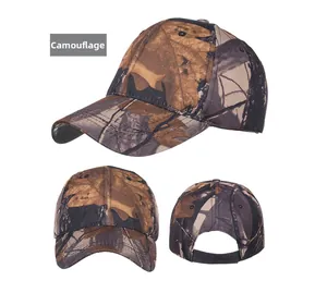 Detailed views of camouflage baseball cap with coffee leaf pattern and adjustable strap