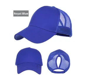 Three angles of royal blue high ponytail baseball cap with breathable mesh back and buckle