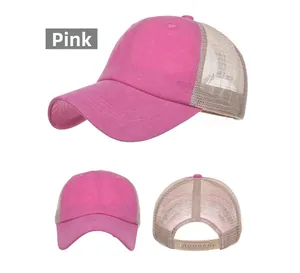 Detailed views of a pink washed cotton mesh baseball cap with adjustable back closure