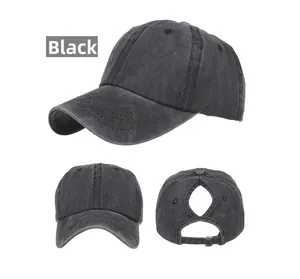Three views of washed black ponytail baseball cap with criss-cross back detail