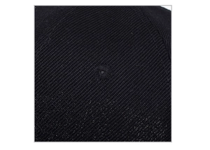 Macro view of black baseball cap twill fabric and embroidered ventilation eyelet detail
