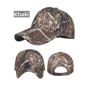 Three-way view of khaki camouflage baseball cap showing front side and back detail