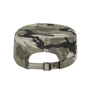 Flat top camouflage army patrol cap with adjustable metal buckle on back
