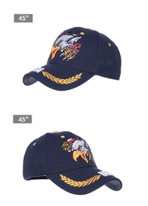 Detailed 45-degree views showing eagle embroidery on navy blue cotton baseball cap