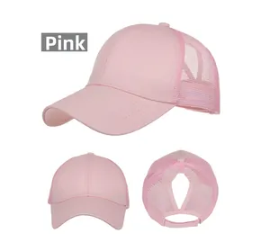 Detailed views of the pink mesh ponytail baseball cap showing the breathable mesh and hair hole