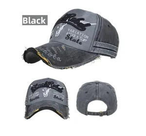 Detailed views of washed black baseball cap with Black Rebel embroidery and distressed brim