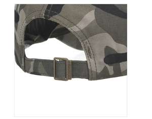 Detail of camouflage baseball cap showing adjustable bronze metal buckle and fabric texture
