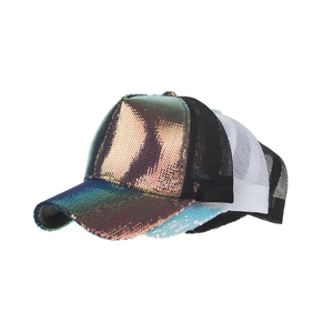 Sparkly sequin mesh baseball trucker hats in gradient purple, light blue, and black