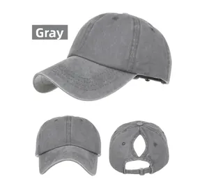 Three views of grey washed cotton ponytail baseball cap with vintage distressed texture