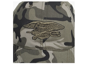Detail shot of camo tactical baseball cap with US Navy SEALs trident logo embroidery