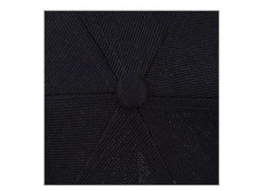 Detailed close-up showing the six-panel crown structure and top button of the black baseball cap