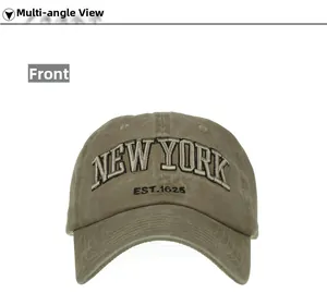 Detailed front view of washed cotton baseball cap with New York 1625 embroidery