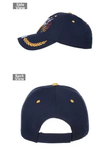 Detailed side and back view of navy blue baseball cap with gold eagle embroidery