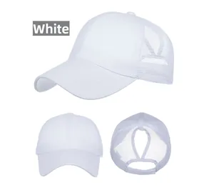 Detailed views of the white ponytail baseball cap featuring breathable mesh and rear opening