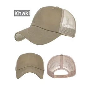 Three-angle view of a khaki washed cotton trucker hat with adjustable snapback closure