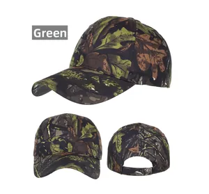 Detailed views of camouflage baseball cap with adjustable strap and woodland pattern