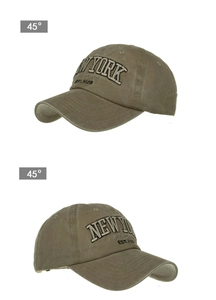 Detail of New York 1625 3D embroidery on washed cotton baseball cap from 45 degree views