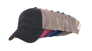 Detailed grid of washed cotton mesh baseball caps in eight vibrant assorted colors