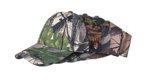 Detailed stack of outdoor baseball caps showing various leaf camouflage patterns