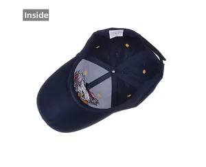 Detail view of the interior lining and embroidery of the navy blue eagle baseball cap