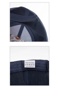 Dettaglio cappello blu navy con chiusura in Velcro ed etichetta in 100% fibra acrilica