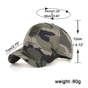 Army green camouflage baseball cap with U.S. embroidered patches and detailed dimensions