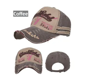 Detailed views of washed cotton vintage baseball cap with Black Rebel embroidery and distressing