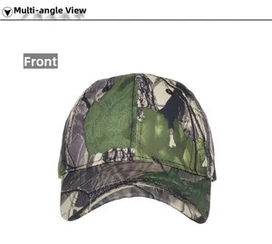 Front view of camouflage leaf pattern baseball cap with six-panel structure and curved brim