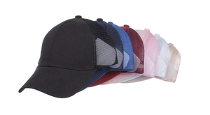 Detailed arrangement of seven colorful breathable mesh trucker baseball hats on white background
