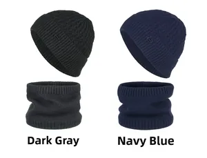 Detailed texture of fleece-lined knit winter hat and neck warmer set with fashion label