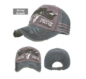 Army green distressed baseball cap with Black Rebel embroidery and frayed details