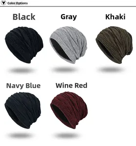 Winter knitted beanie hats in black, grey, khaki, navy, and wine red with fleece lining
