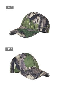 Dual 45-degree angle views of camo baseball cap with durable canvas leaf pattern