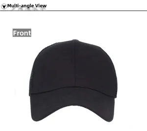 Front view of black mesh trucker hat with breathable rear panel and curved baseball brim