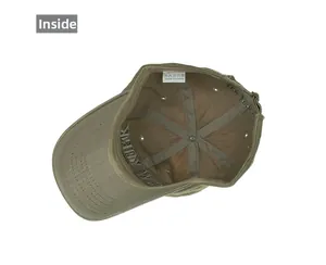 Detail of inside khaki cotton baseball cap showing New York embroidery and care label