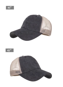 Detail of dark grey washed cotton baseball cap with breathable beige mesh back panels