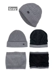 Detail view of grey knit beanie and neck warmer set with warm fleece lining and decor