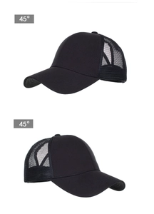 Detail view of black mesh ponytail baseball cap showing breathable design from side angles