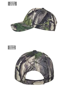 Detailed side and back view of camo baseball cap with adjustable strap and breathable eyelets