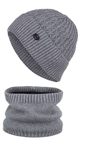Medium gray winter knit set featuring a ribbed beanie hat and matching warm neck gaiter