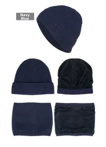 Detailed view of navy blue winter set with thick black fleece lining and cable knit texture