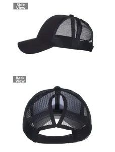 Detail view of black mesh ponytail baseball cap showing side and back breathable design