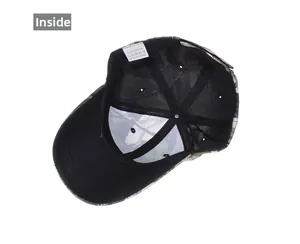 Detail of leaf camouflage baseball cap interior featuring 100% acrylic material label