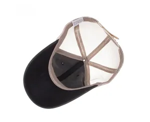 Detail view of cotton baseball cap interior with mesh back and adjustable strap