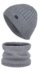 Close-up of gray ribbed knit beanie and fleece-lined neck warmer set for winter warmth