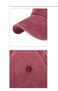 Detail view of burgundy washed cotton baseball cap with stitch lines and eyelets