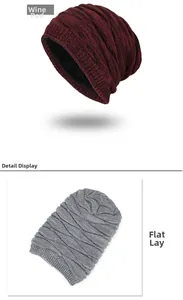 Close-up detail of thermal thick knitted wool hat with fleece lining and wavy texture